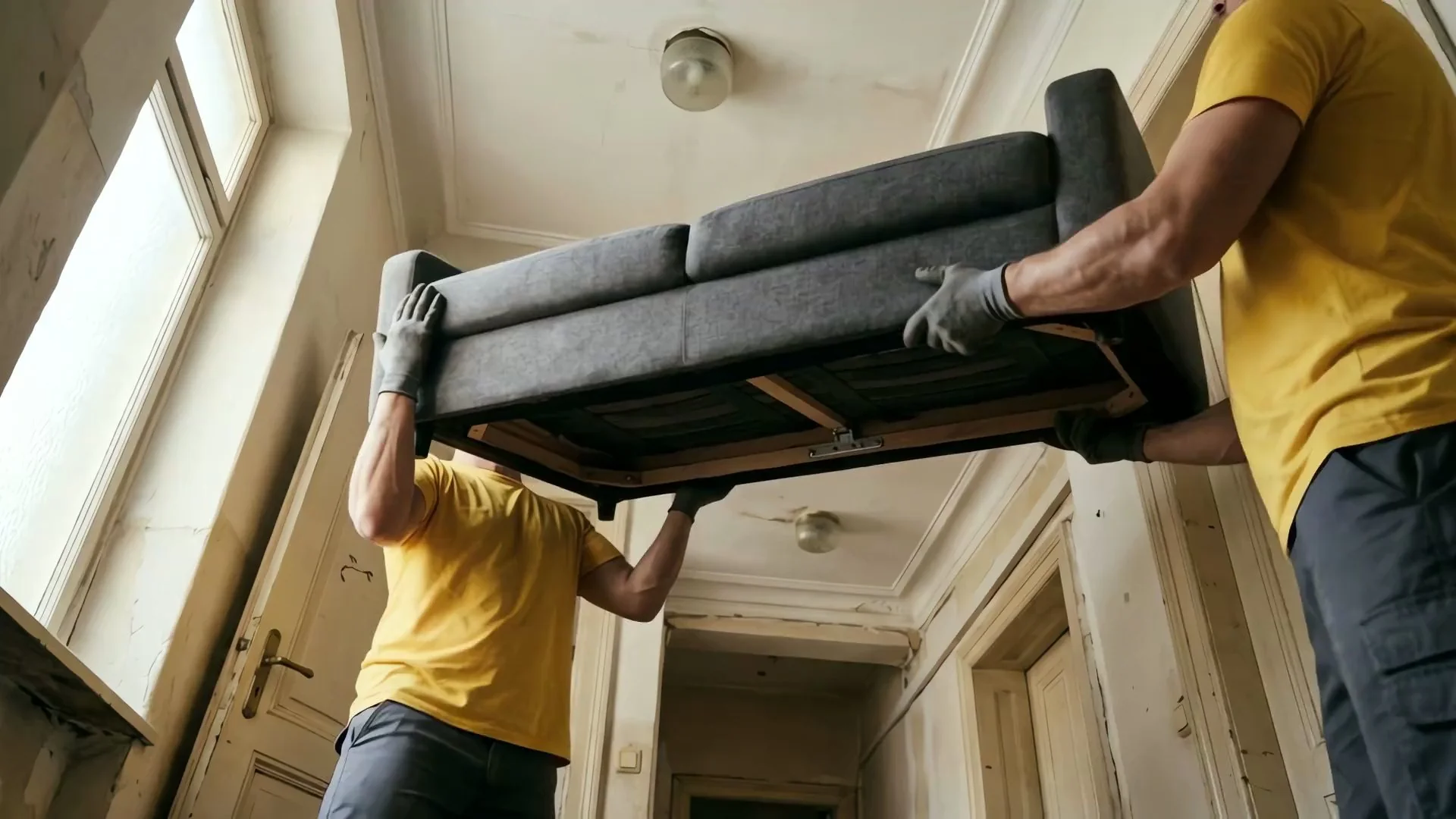 Zwei Mitarbeiter tragen ein Sofa durch einen Flur (KI-Beispielbild)